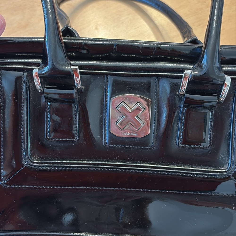 Calvin Klein Black Patent Leather Satchel Hand Bag with Double Top Handles - Picture 2 of 13